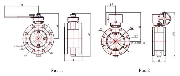 Рис.1, 2.Габаритные и присоединительные размеры затворов с фланцевым присоединением АРС12