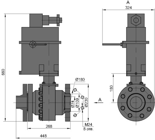 Рис.1. Габаритные и присоединительные размеры крана шарового DN 80 PN 100 с электрическим приводом