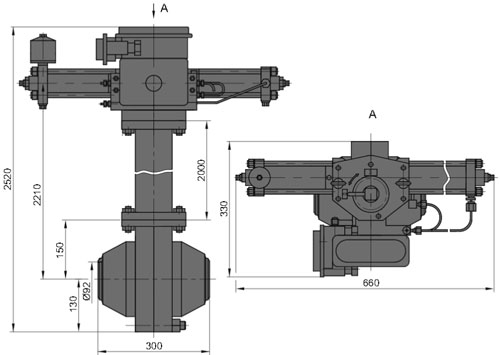 Рис.1. Габаритные и присоединительные размеры крана шарового DN 100 PN 100 с пневматическим приводом для подземной установки