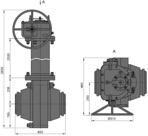 Рис.1. Габаритные и присоединительные размеры крана шарового DN 150 PN 100 с пневматическим приводом для подземной установки