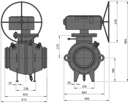 Рис.1. Габаритные и присоединительные размеры крана шарового DN 200 PN 100 с ручным приводом