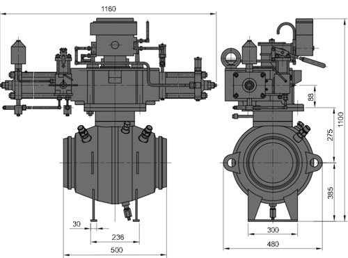 Рис.1. Габаритные и присоединительные размеры крана шарового DN 200 PN 100 с пневматическим приводом