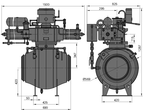 Рис.1. Габаритные и присоединительные размеры крана шарового DN 300 PN 100 с пневмогидравлическим приводом