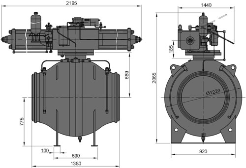 Рис.1. Габаритные и присоединительные размеры крана шарового DN 700 PN 100 с пневмогидравлическим приводом