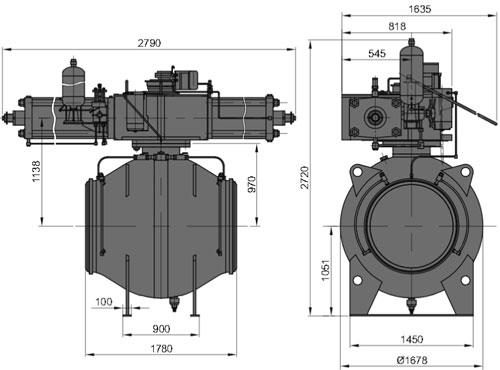Рис.1. Габаритные и присоединительные размеры крана шарового DN 1000 PN 100 с пневмогидравлическим приводом