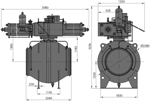 Рис.1. Габаритные и присоединительные размеры крана шарового DN 1200 PN 100 с пневмогидравлическим приводом