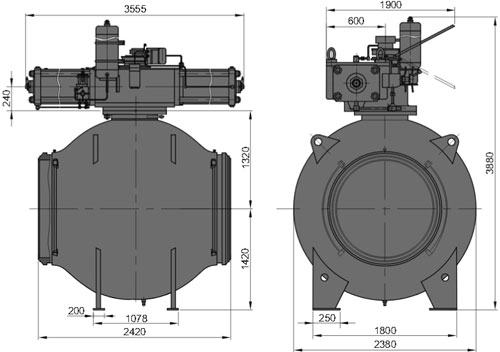 Рис.1. Габаритные и присоединительные размеры крана шарового DN 1400 PN 100 с пневмогидравлическим приводом