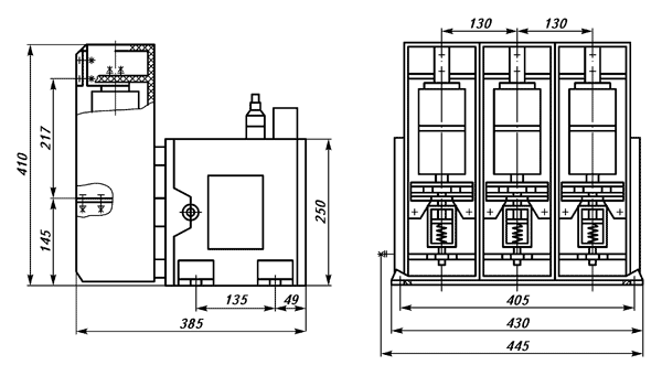 Рис.1. Габаритный чертеж контактора КВТ-10/400-4